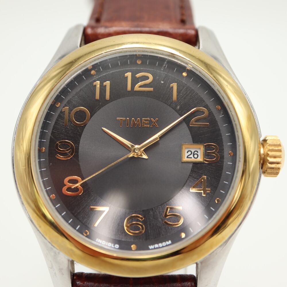 Timex Indiglo Mens 41mm Easy Read Gray Date Watch Brown Leather w New Battery - Picture 4 of 13